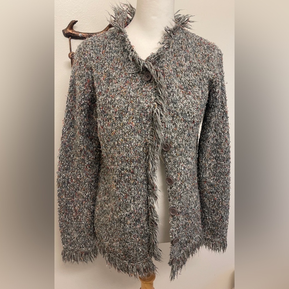 Coldwater Creek Confetti Tweed Fringed Button Front Cardigan in Small
